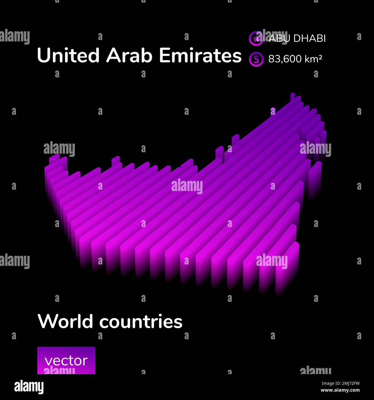 Emirats Arabes Unis 3D carte. Isométrique stylisé numérique néon rayé vecteur carte des Émirats arabes Unis est en violet et en rose sur le backgrou noir Illustration de Vecteur