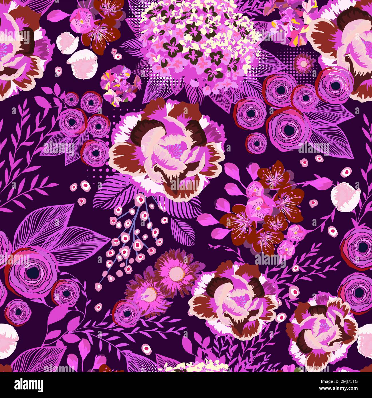 Fond fleuri tendance sans couture. Motif fleuri rose sans couture sur fond sombre. Illustration vectorielle Illustration de Vecteur