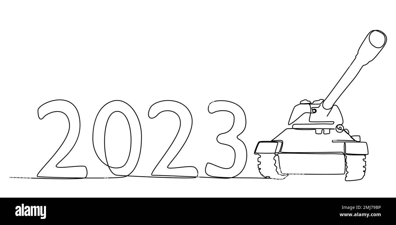 Une ligne continue du numéro 2023 et du réservoir blindé. Concept de vecteur d'illustration à trait fin. Dessin de contour idées créatives. Illustration de Vecteur