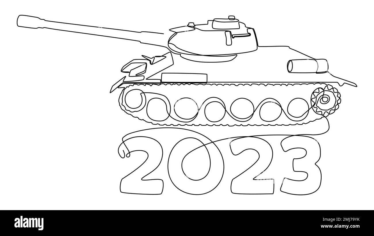 Une ligne continue du numéro 2023 et du réservoir blindé. Concept de vecteur d'illustration à trait fin. Dessin de contour idées créatives. Illustration de Vecteur