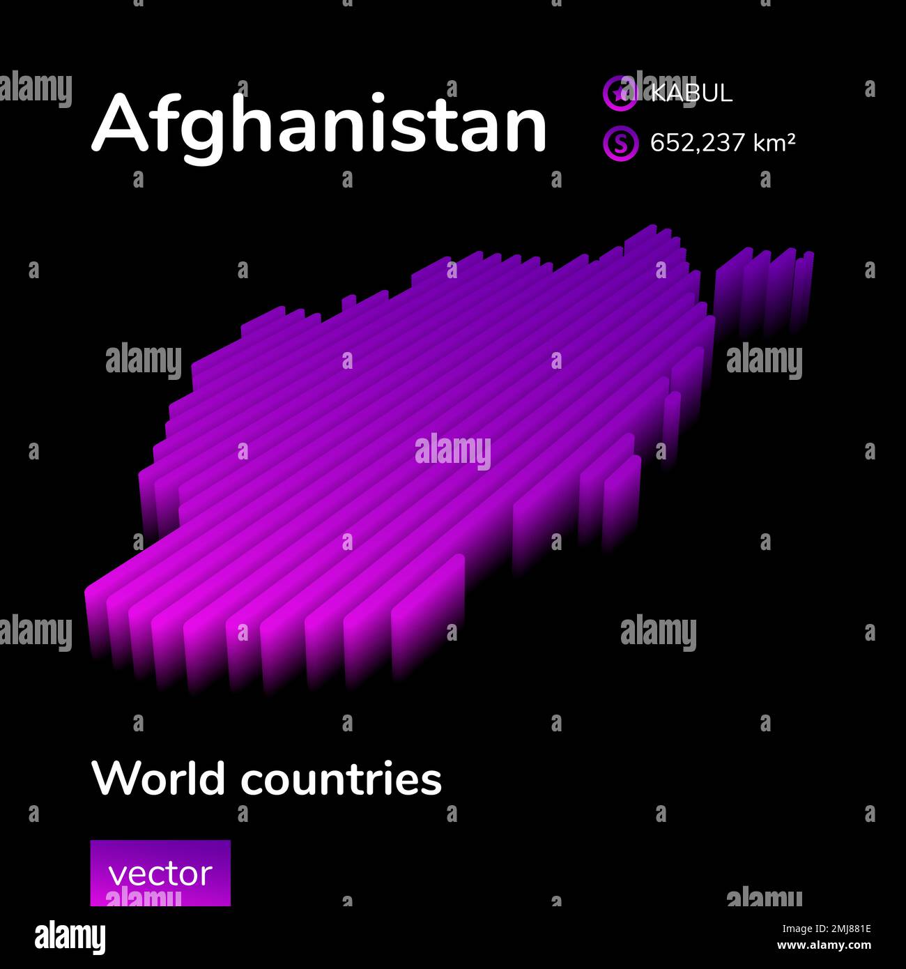 Afghanistan 3D carte. La carte vectorielle isométrique au néon stylisée à rayures de l'Afghanistan est en violet et en rose sur fond noir Illustration de Vecteur