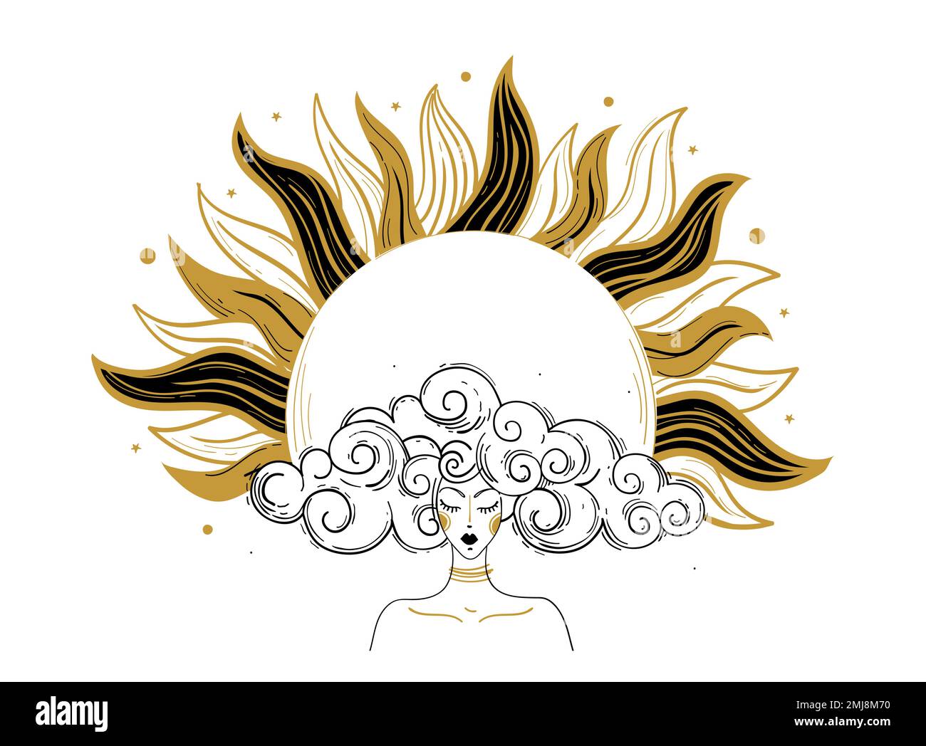 Bannière mystique pour l'astrologie, le zodiaque et l'horoscope, femme au soleil doré et aux cheveux nuageux, icône de tarot céleste. Illustration du vecteur de boho magique Illustration de Vecteur