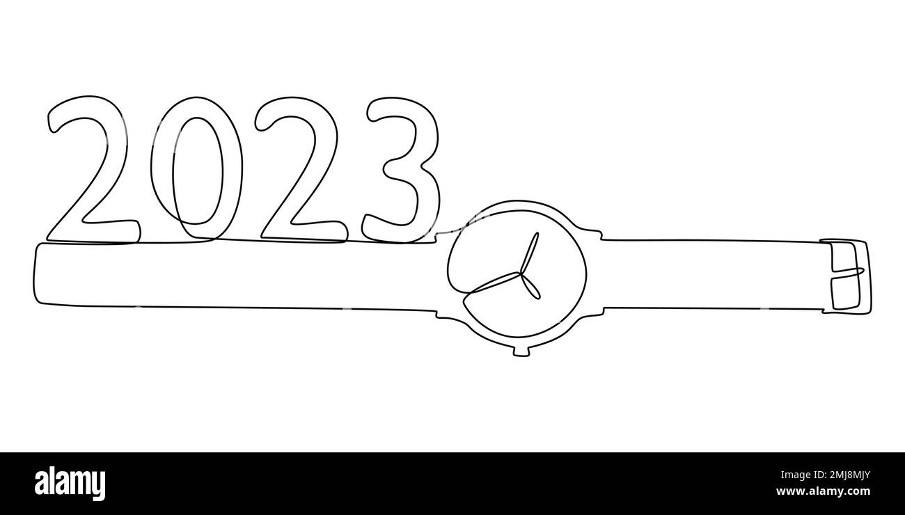 Une ligne continue d'une montre-bracelet et numéro 2023. Concept de vecteur d'illustration à trait fin. Dessin de contour idées créatives. Illustration de Vecteur