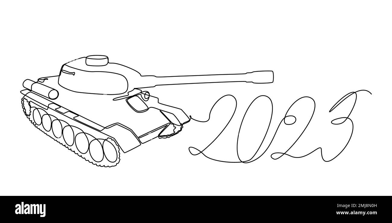Une ligne continue du numéro 2023 et du réservoir blindé. Concept de vecteur d'illustration à trait fin. Dessin de contour idées créatives. Illustration de Vecteur