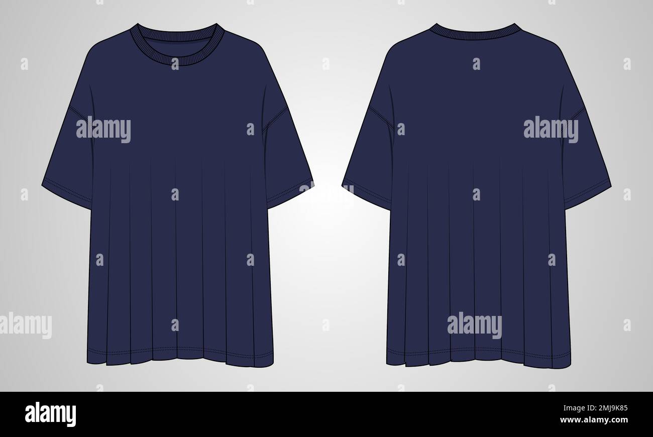 T-shirt surdimensionné hauts Chemisier technique mode dessin plat modèle d'illustration vectoriel vues du devant et du dos. Vêtements maquette de vêtements CAD pour femme Illustration de Vecteur