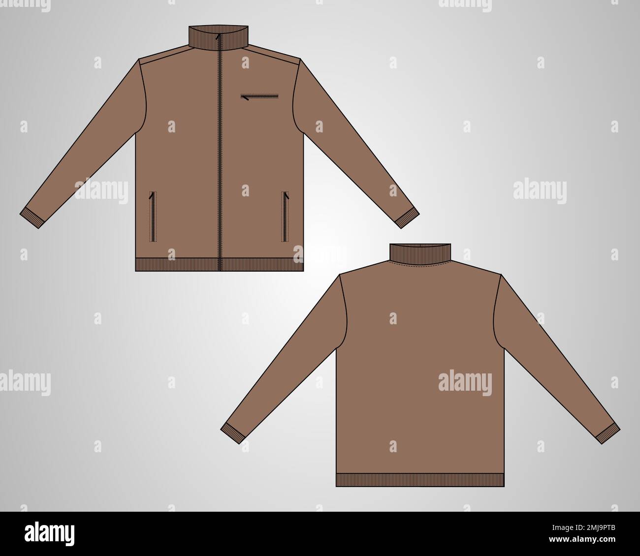 Col long avec manches veste design modèle global de dessin technique vectoriel dans la vue avant et arrière du coupe-vent. Blouson aviateur pour Homme. Veste plate Illustration de Vecteur
