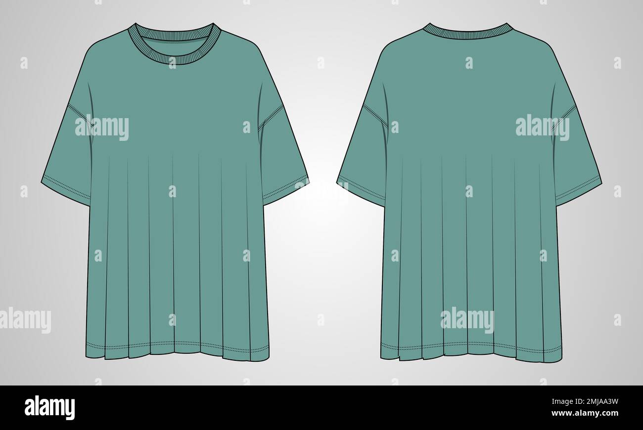 T-shirt surdimensionné hauts Chemisier technique mode dessin plat modèle d'illustration vectoriel vues du devant et du dos. Vêtements maquette de vêtements CAD pour femme Illustration de Vecteur