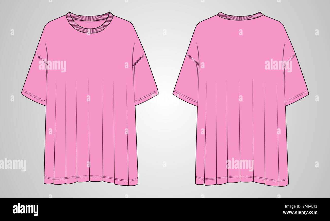 T-shirt surdimensionné hauts Chemisier technique mode dessin plat modèle d'illustration vectoriel vues du devant et du dos. Vêtements maquette de vêtements CAD pour femme Illustration de Vecteur