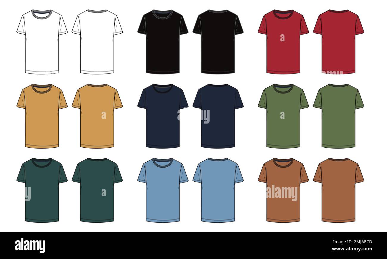 Coupe régulière T-shirt à manches courtes technique mode esquisse modèle plat. Illustration vectorielle, motif vêtement de base, vue avant et arrière. Illustration de Vecteur