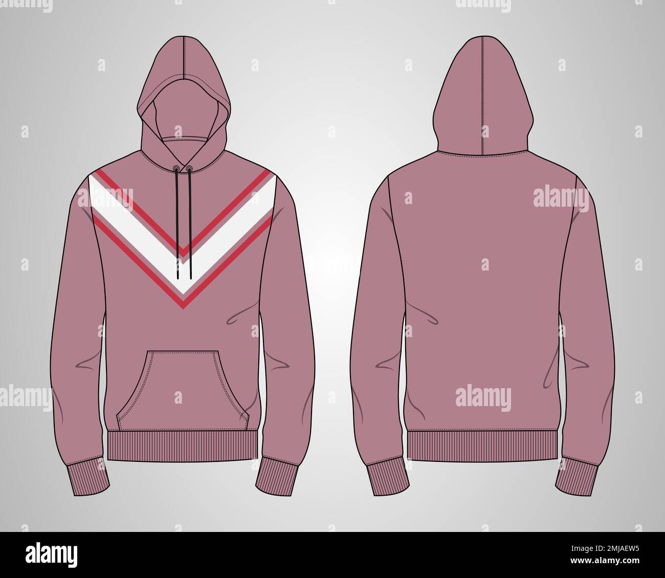 Sweat à capuche à manches longues mode technique dessin dessin modèle vue avant et arrière. Vêtement robe motif vectoriel illustration veste maquette CAD. Illustration de Vecteur