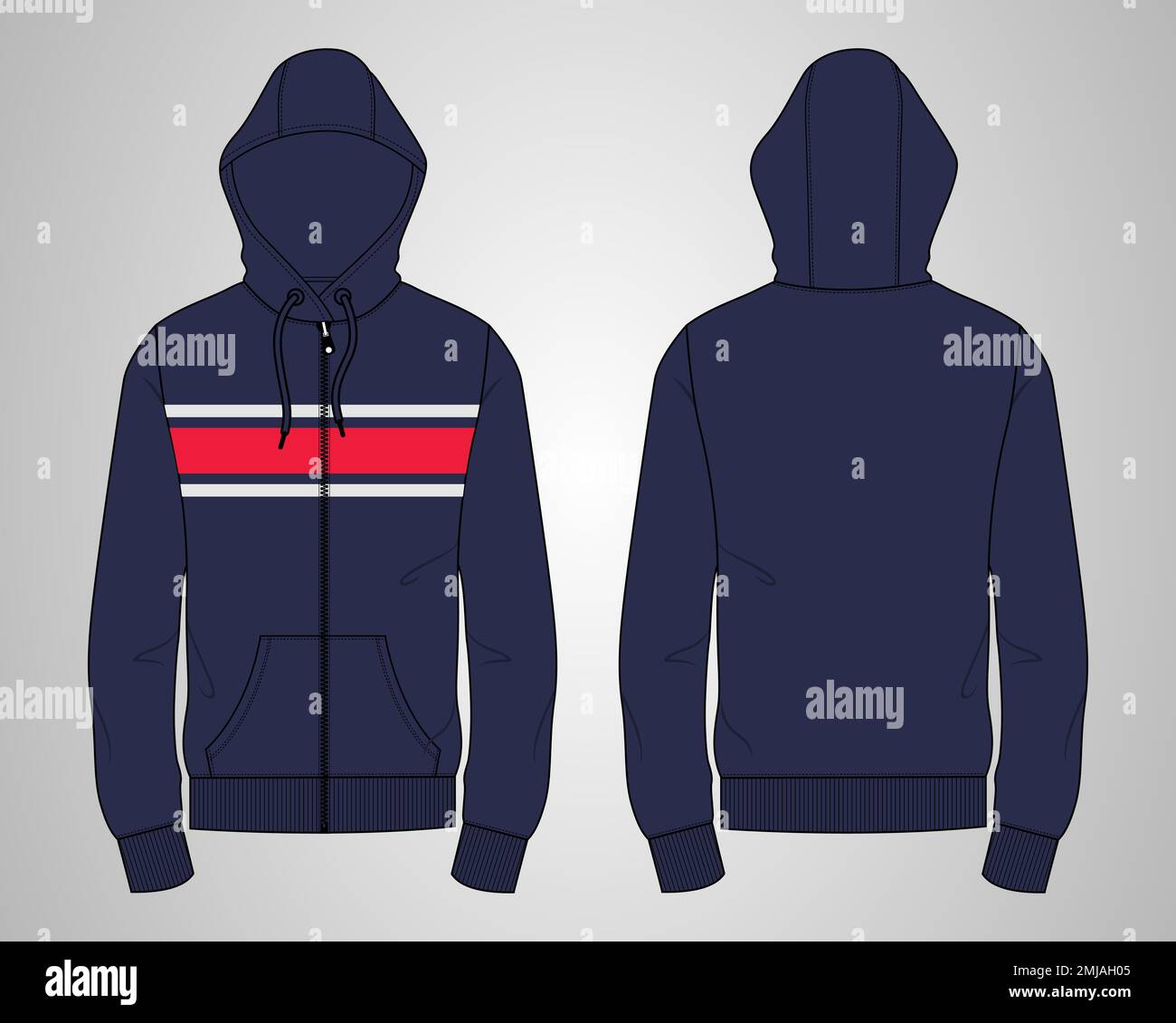 Sweat à capuche à manches longues mode technique dessin dessin modèle vue avant et arrière. Vêtement robe motif vectoriel illustration veste maquette CAD. Illustration de Vecteur