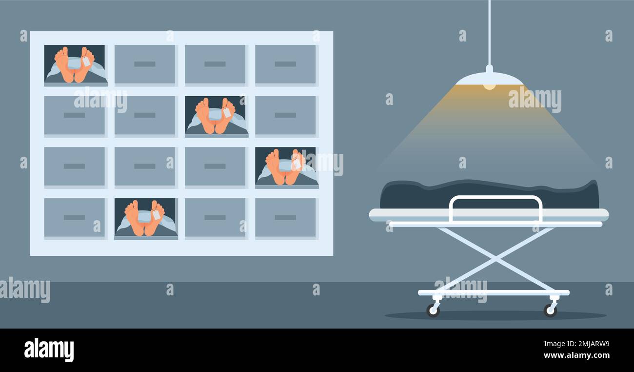 Intérieur de la morgue. Corps morts dans la morgue.salle mortuaire 2D intérieur de dessin animé avec lit à roulettes et équipement pour l'autopsie et l'embaumement sur b Illustration de Vecteur