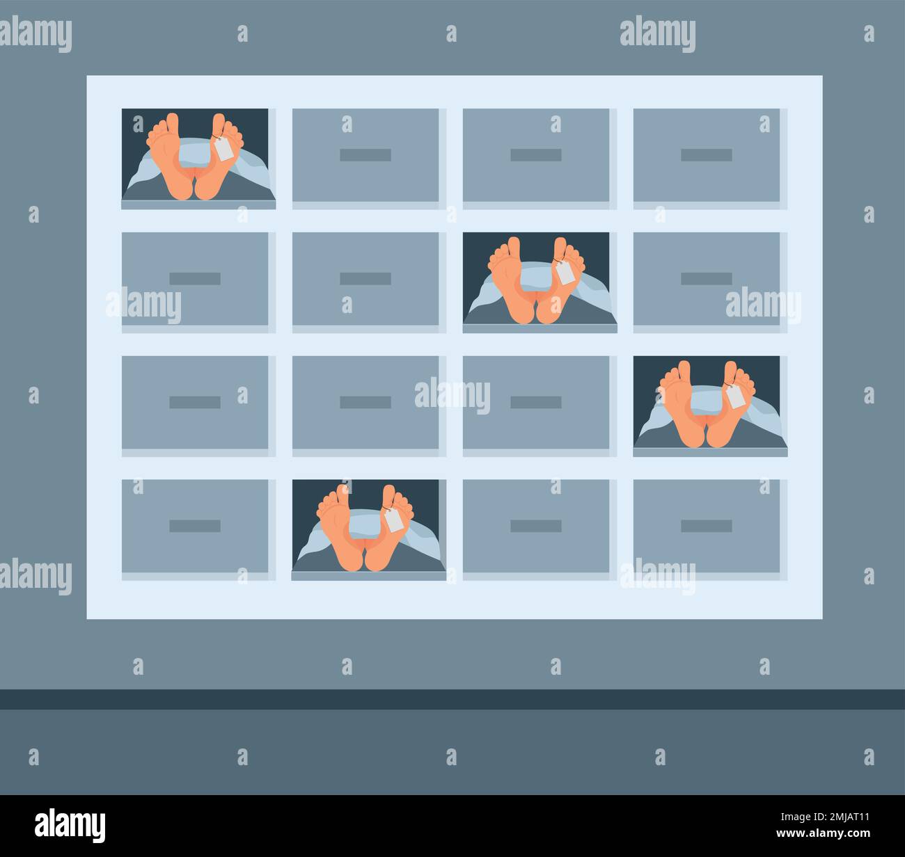Intérieur de la morgue. Corps morts dans la morgue.salle mortuaire 2D intérieur de dessin animé avec lit à roulettes et équipement pour l'autopsie et l'embaumement sur b Illustration de Vecteur