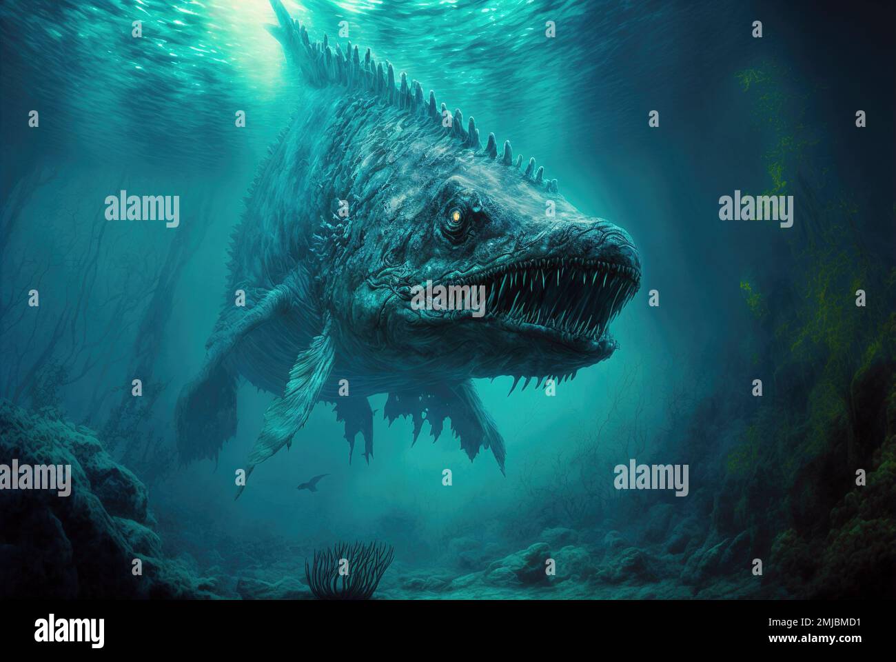 Le monstre marin ouvre sa bouche avec des dents, créature sous-marine fantaisie, IA générative. Un prédateur marin effrayant comme un animal préhistorique. Concept de la nature, j Banque D'Images