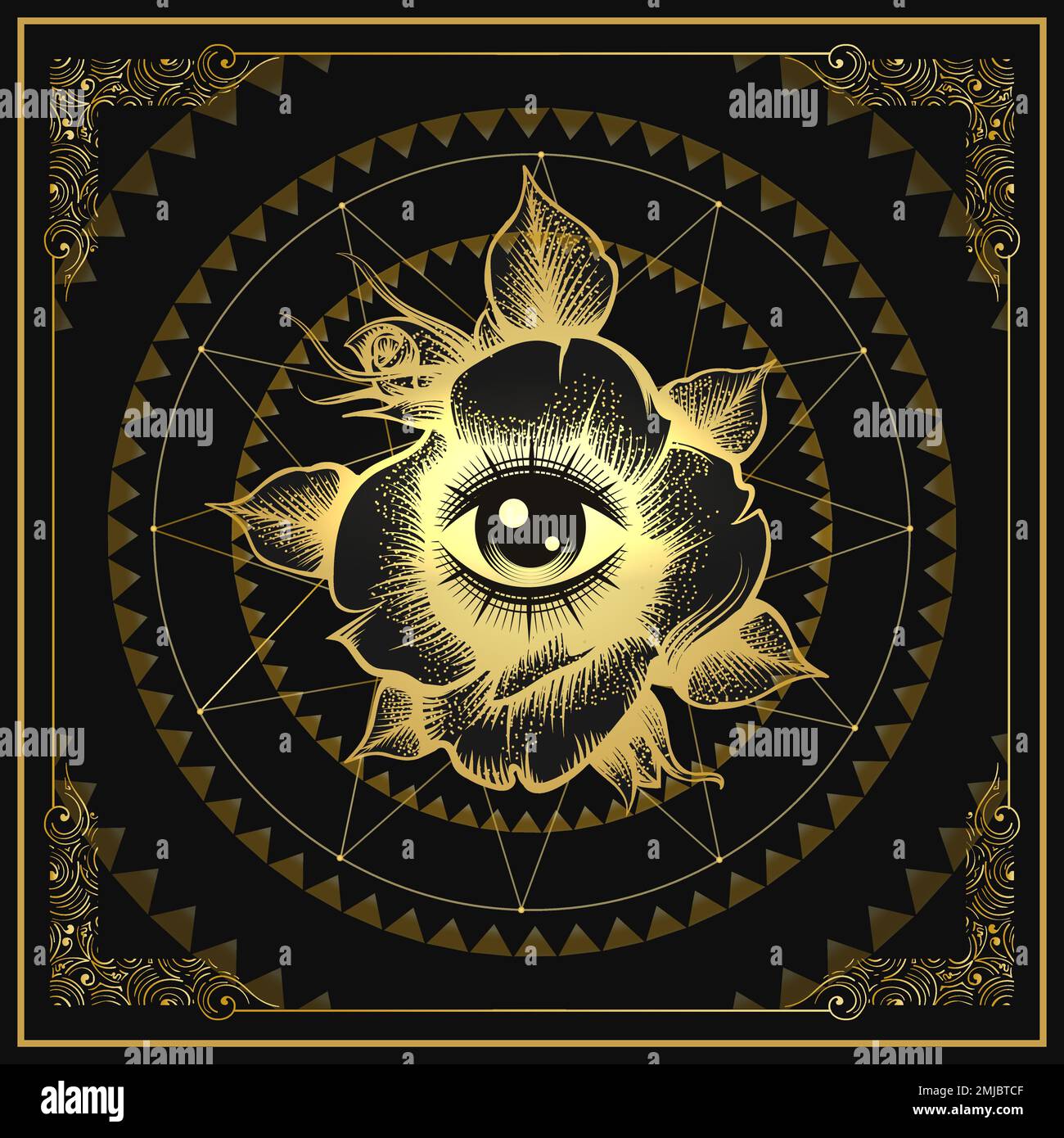 Emblem ésotérique de tous les yeux voyant dans un Emblem de fleur de rose sur fond noir. Illustration vectorielle Illustration de Vecteur