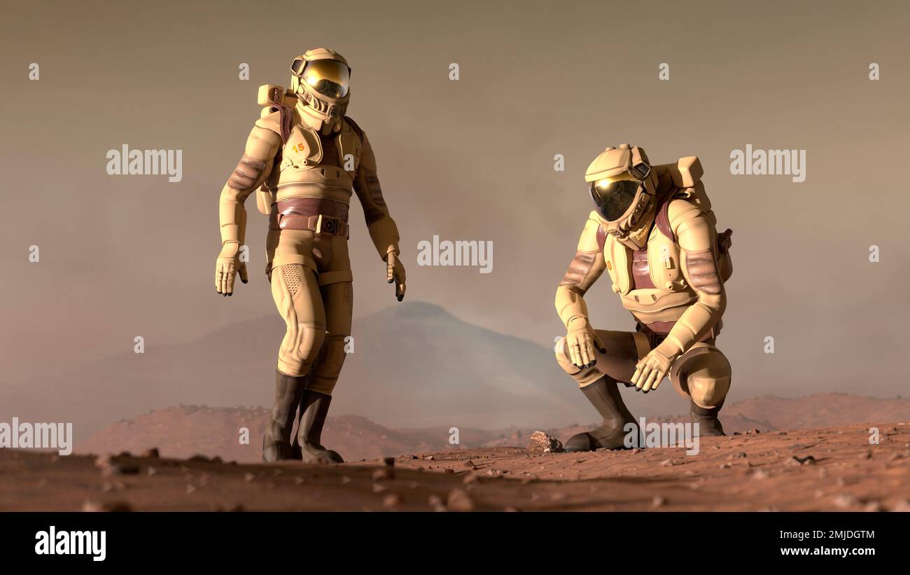 Œuvres d'astronautes sur la planète Rouge, Mars, quelque temps à l'avenir. Banque D'Images