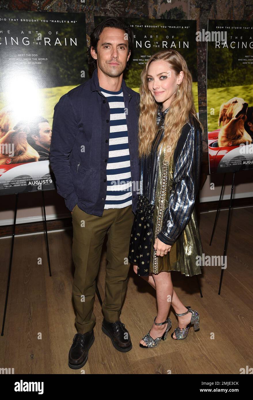 Actors Milo Ventimiglia, left, and Amanda Seyfried attend a special screening of "The Art of Racing in the Rain" at The Whitby Hotel on Monday, Aug. 5, 2019, in New York. (Photo by Evan Agostini/Invision/AP) Banque D'Images