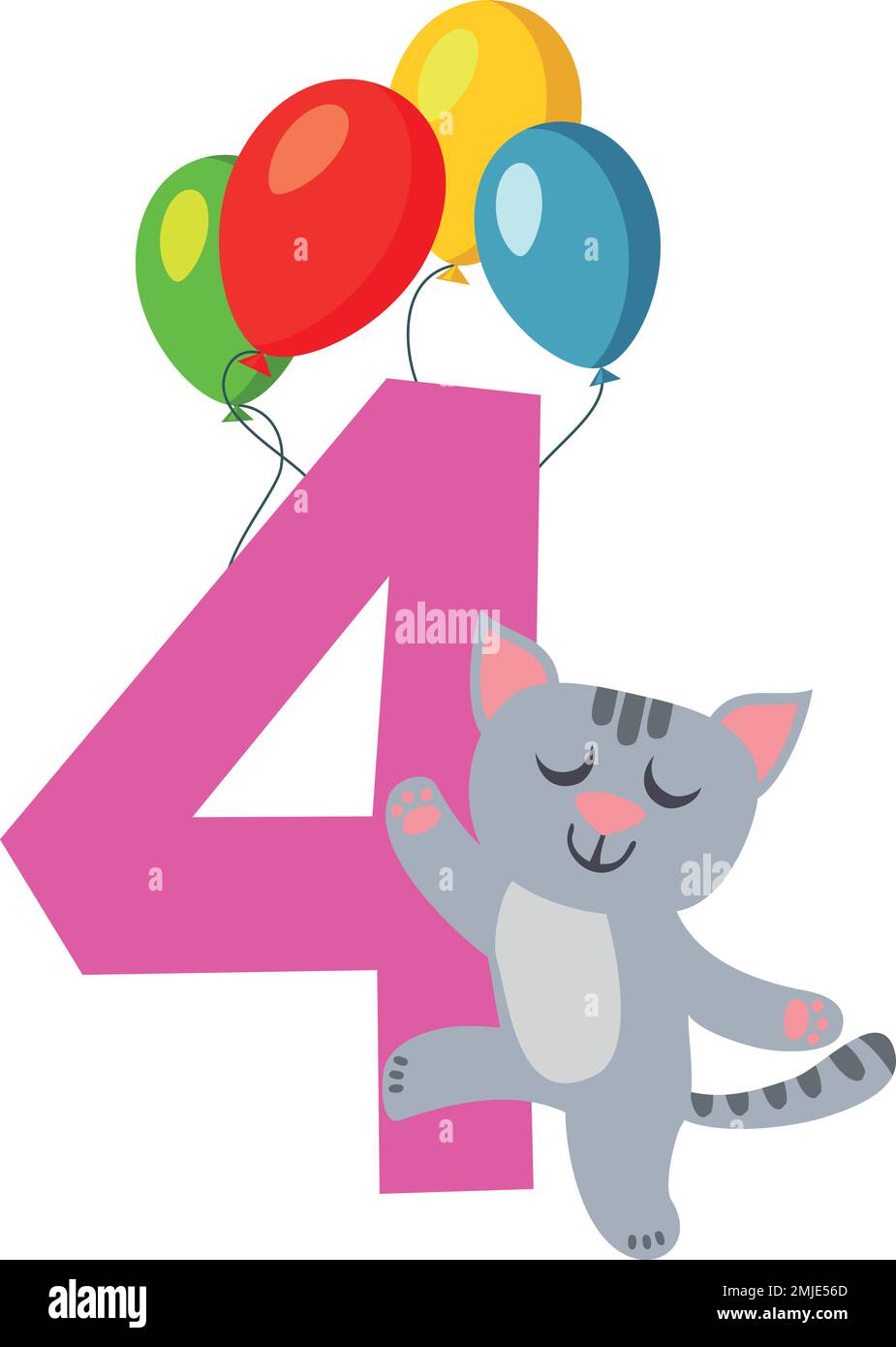 Quatre ans d'anniversaire. Numéro d'âge enfant avec chat mignon Illustration de Vecteur