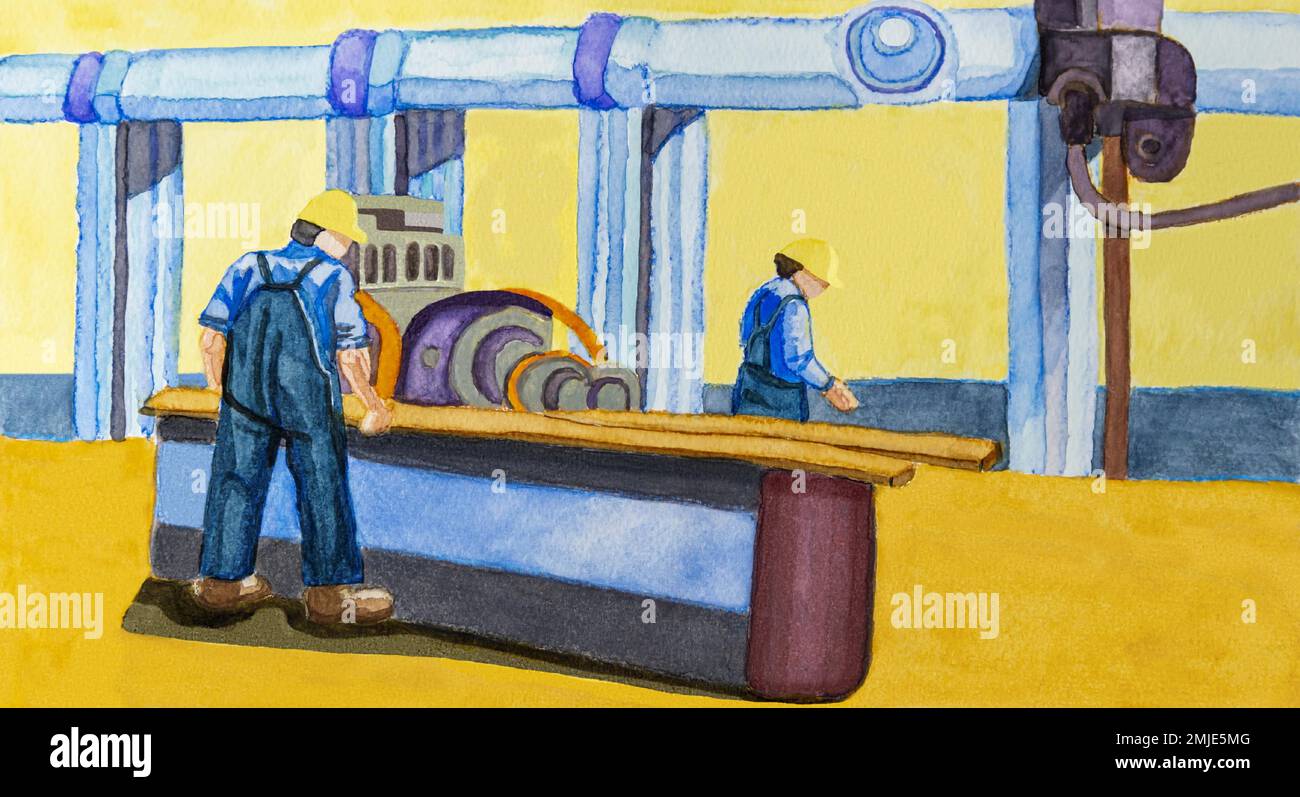 Deux hommes travaillent dans une scierie. Ils portent des salopettes et des casques. Aquarelle sur papier aquarelle. Vecteur au format panorama. Illustration de Vecteur