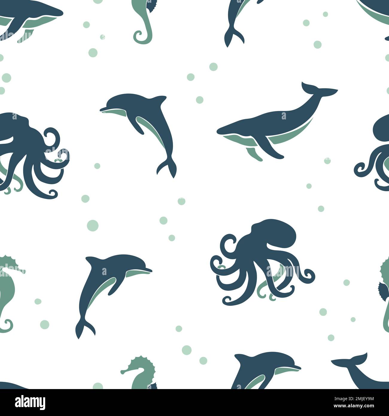 Motif d'animaux marins sans couture. Arrière-plan vectoriel avec baleine, dauphin, pieuvre, hippocampe. Illustration de Vecteur