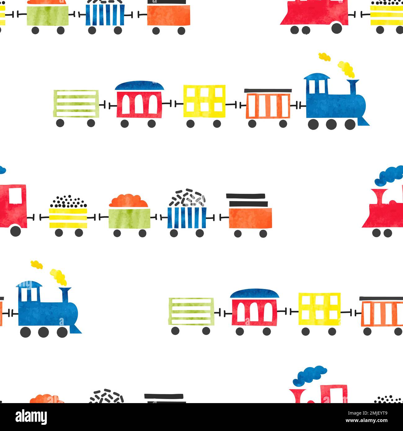 Motif trains de jouets aquarelle sans couture. Fond vectoriel coloré pour un motif enfant. Illustration de Vecteur