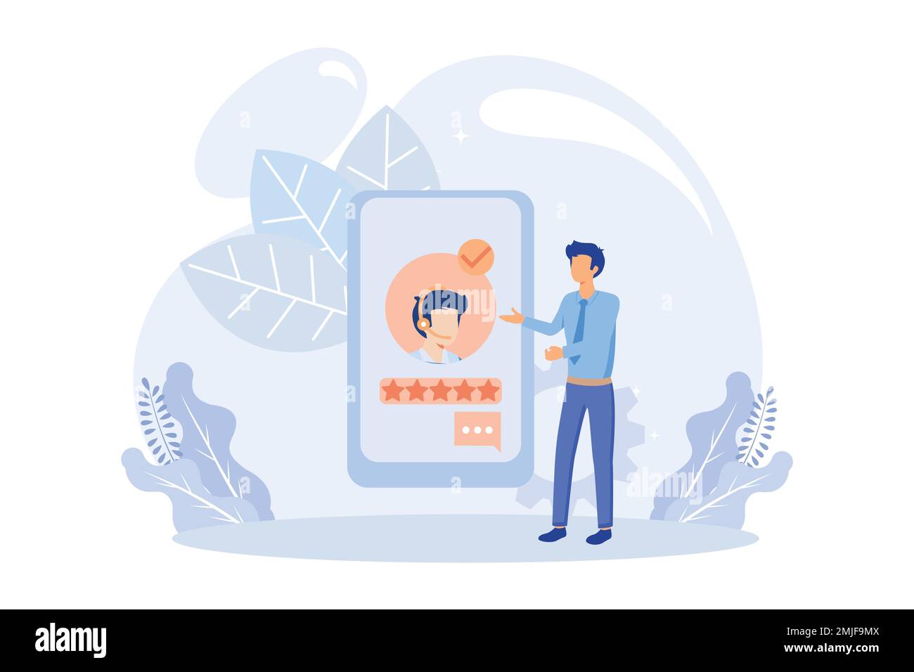 Commentaires des clients et illustration de l'expérience utilisateur. Personnages qui donnent un avis à l'opérateur du service à la clientèle et qui choisissent emoji pour montrer satisfaction rati Illustration de Vecteur