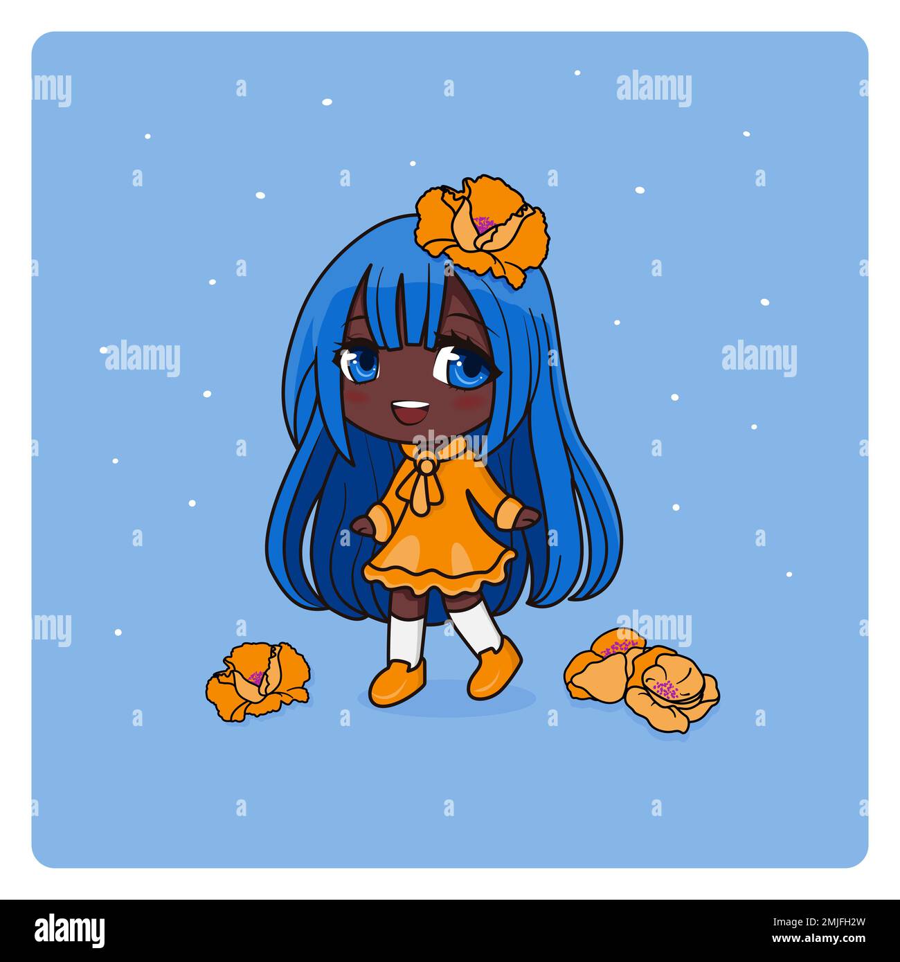 Adorable et kawaii fille avec des coquelicots. Chibi Manga. Illustration de Vecteur