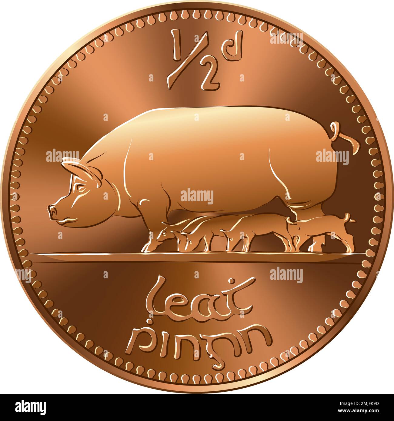 Monnaie irlandaise pièce d'or pré-décimale Halfpenny avec cochons au verso Illustration de Vecteur