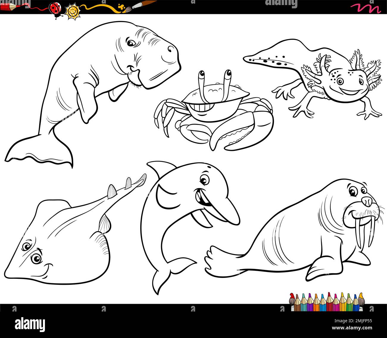 Dessin animé noir et blanc Illustration des caractères d'animaux marins ensemble de coloriage page Illustration de Vecteur