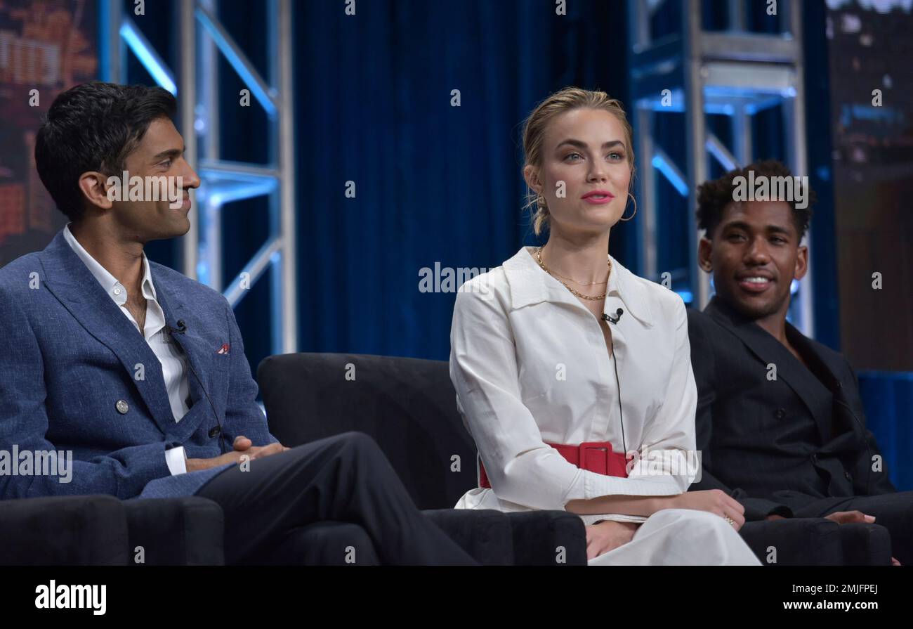 Nikesh Patel, from left, Rebecca Rittenhouse and Brandon Mychal Smith participate in Hulu's "Four Weddings and a Funeral" panel at the Television Critics Association Summer Press Tour on Friday, July 26, 2019, in Beverly Hills, Calif. (Photo by Richard Shotwell/Invision/AP) Banque D'Images