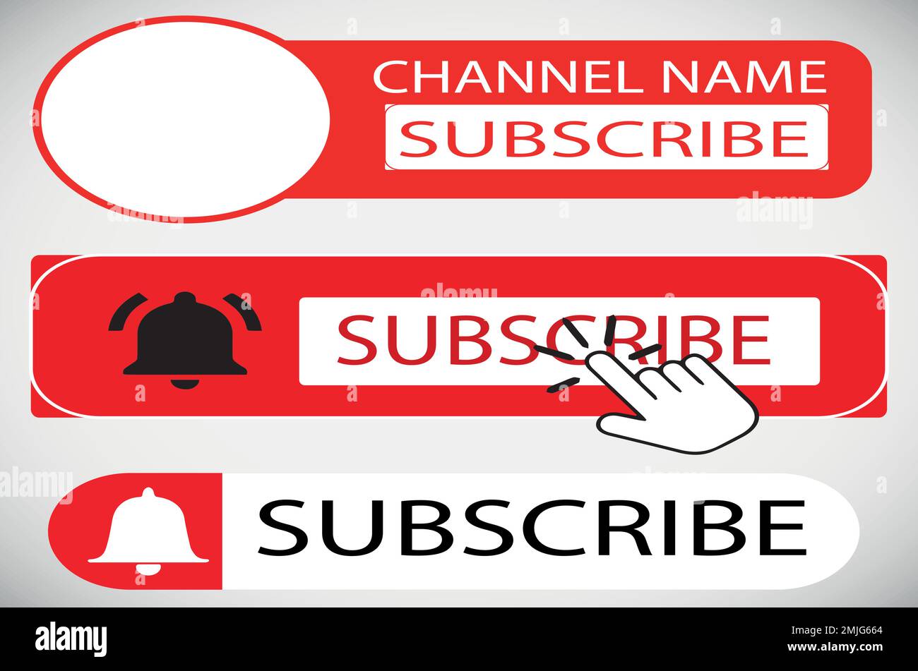 S'abonner, bouton de cloche et curseur à main. Le bouton rouge permet de s'abonner à la chaîne et au blog. Contexte des médias sociaux. Marketing. Illustration de Vecteur