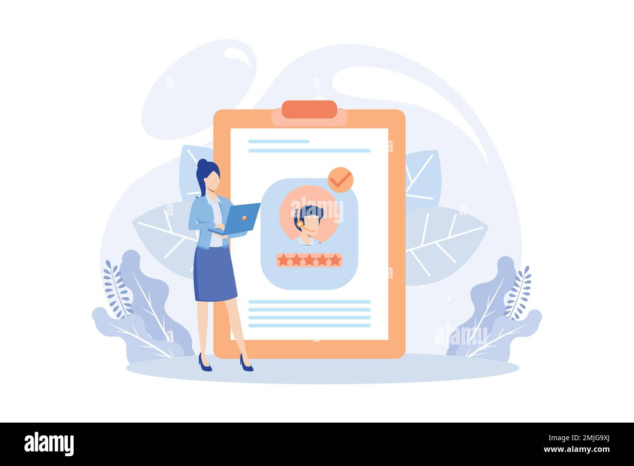 Commentaires des clients et illustration de l'expérience utilisateur. Personnages qui donnent un avis à l'opérateur du service à la clientèle et qui choisissent emoji pour montrer satisfaction rati Illustration de Vecteur