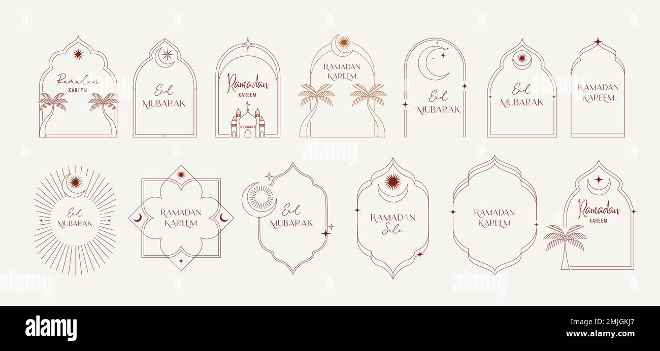 Collection de style linéaire minimaliste islamique Ramadan Kareem logos, fenêtres et arches avec design boho moderne, lune, mosquée dôme et lanternes Illustration de Vecteur
