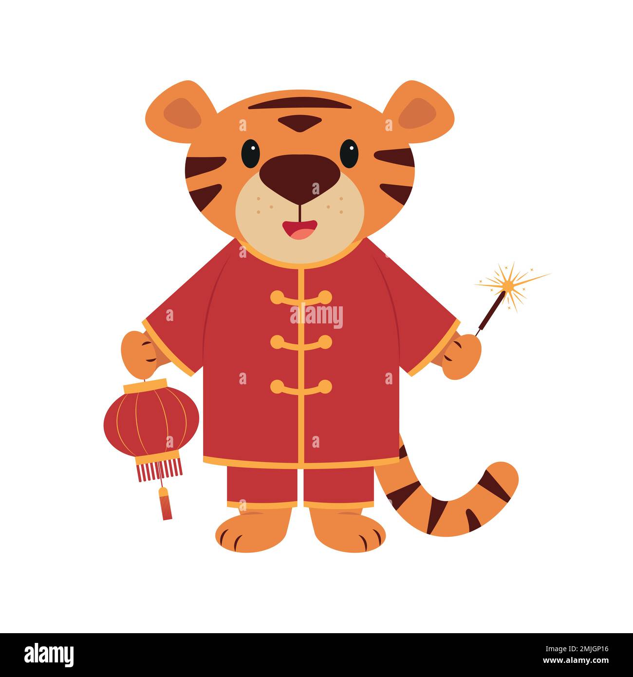 Le symbole de la nouvelle année chinoise est le CUB tigre en costume rouge avec lanterne chinoise et sparkler. Personnage de dessin animé de style plat. Vecteur. Illustration de Vecteur