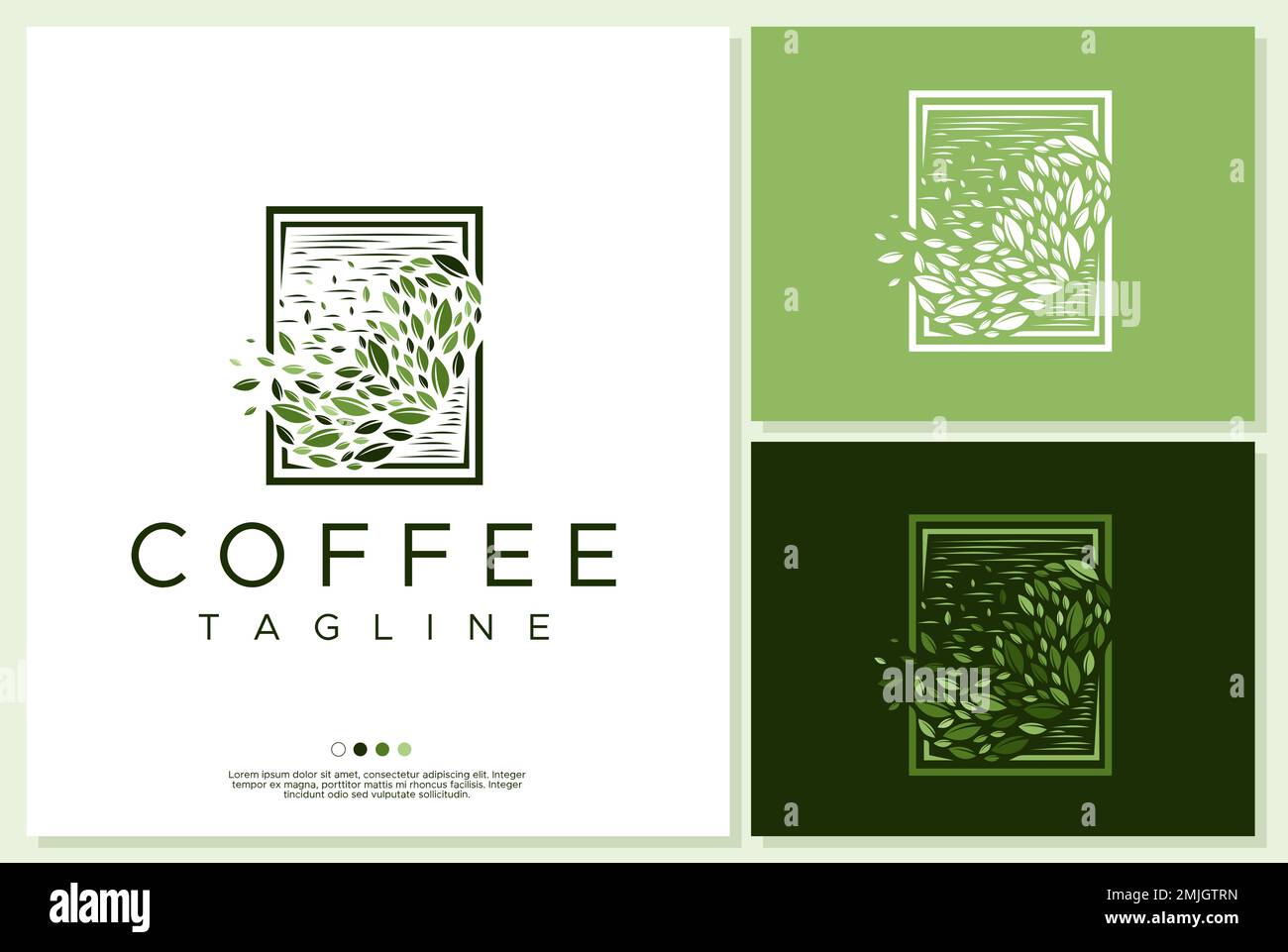 Modèle avec logo en forme de grain de café et motif feuilles. Illustration de Vecteur