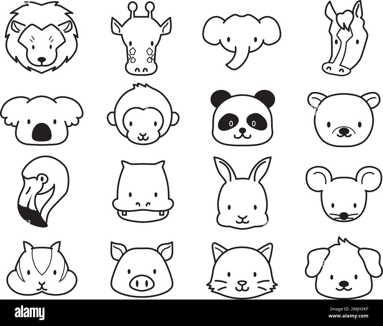 Illustration vectorielle des faces d'animaux. Joli dessin animé. (lion, girafe, éléphant, cheval, koala, singe, panda, ours, flamant, hippopotame, lapin, souris, Illustration de Vecteur
