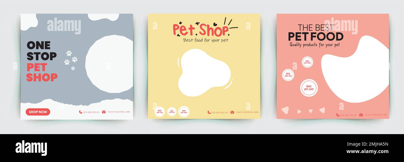 Couvertures de bannière de modèle de poteau pour les services de soins pour animaux, les magasins, la nourriture et les accessoires. Modèle de post-publication de médias sociaux d'adoption PET. Illustration de Vecteur