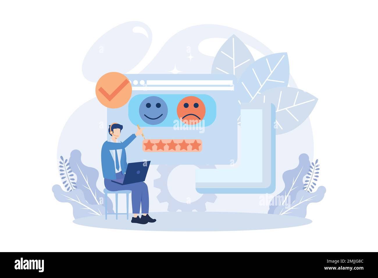 Commentaires des clients et illustration de l'expérience utilisateur. Personnages qui donnent un avis à l'opérateur du service à la clientèle et qui choisissent emoji pour montrer satisfaction rati Illustration de Vecteur