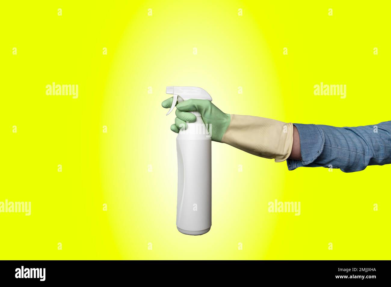 Flacon pulvérisateur à main avec gants pour l'extermination d'insectes ou le nettoyage de fenêtres. Banque D'Images
