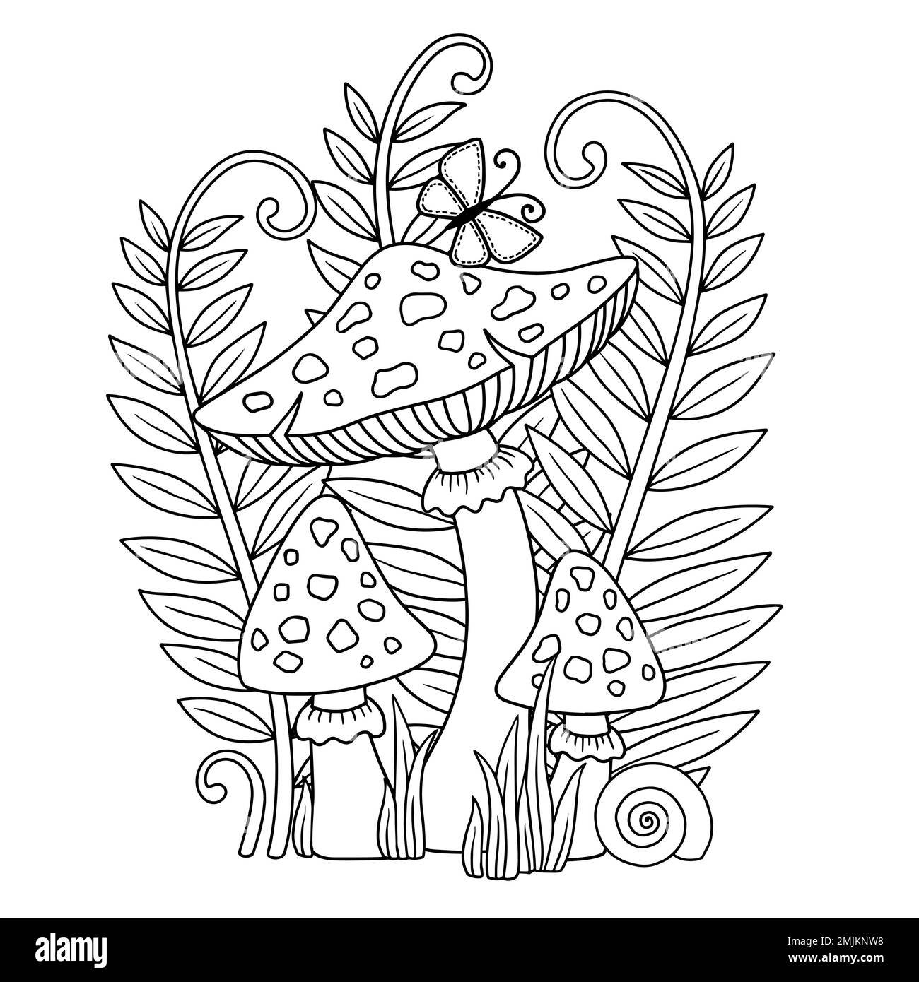 Page de livre de coloriage vectoriel pour adulte. Illustration noire et blanche d'un champignon amanita, d'une coquille et d'un papillon parmi les plantes Illustration de Vecteur