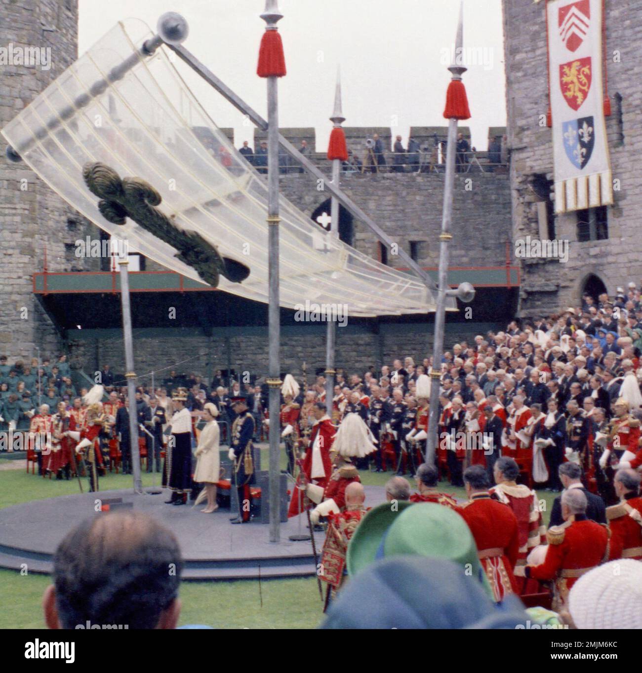 A view during the investiture ceremony of Prince Charles, Prince of Wales on July 1, 1969 at Caernafon Castle in Wales, including Queen Elizabeth II and Prince Philip the Duke of Edinburgh. (AP Photo) Banque D'Images
