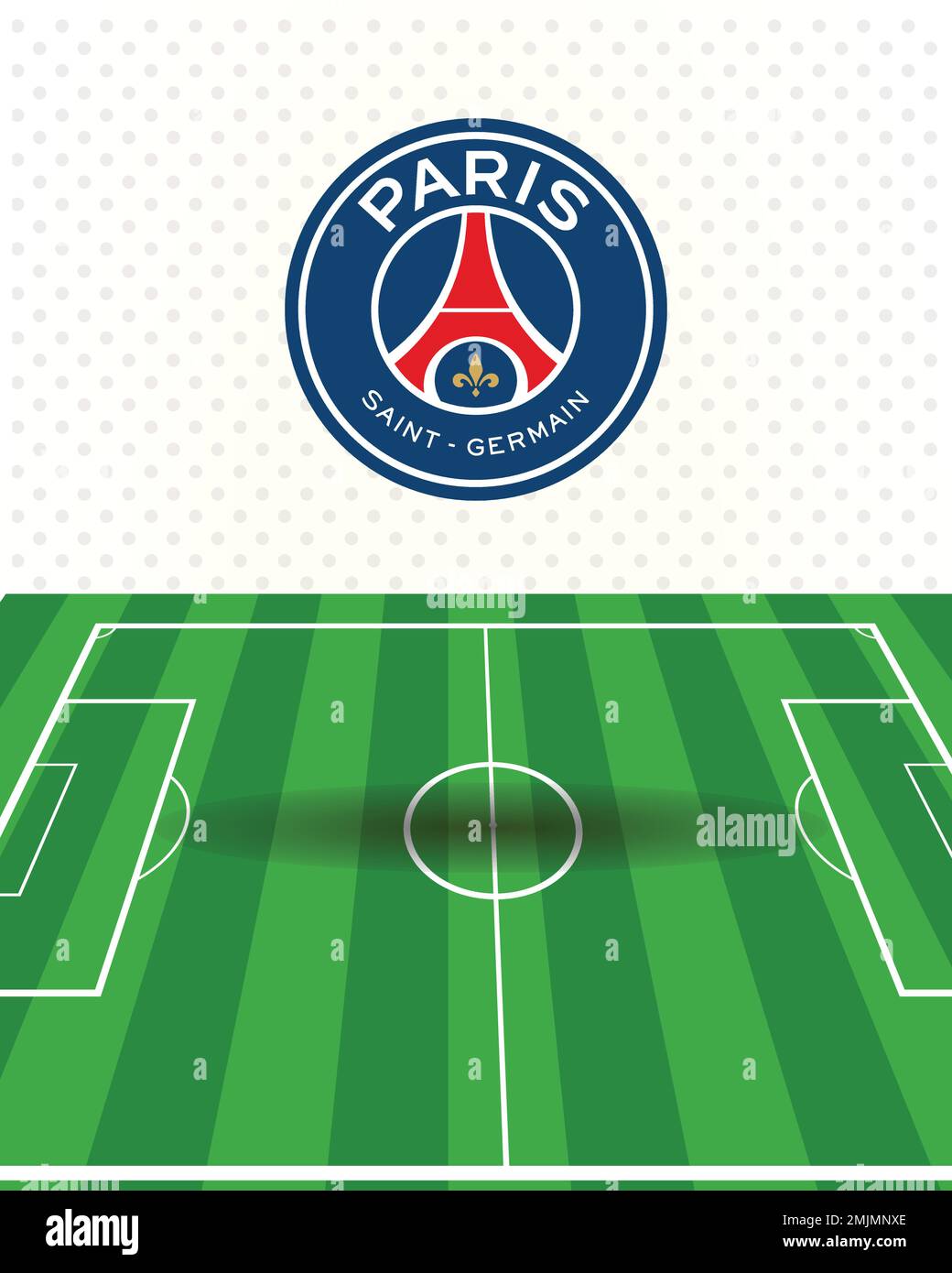 PSG (Paris Saint Germain FC) logo avec fond blanc et terrain vert, meilleur club de football européen professionnel de première division Illustration de Vecteur