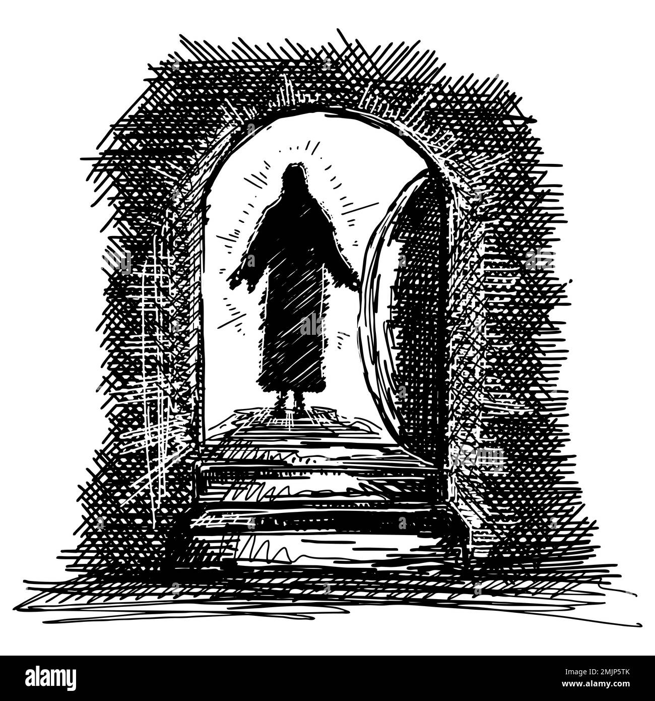 Illustration vectorielle dessinée à la main pour Pâques. Jésus Christ ressuscité est sorti de la tombe vide. Illustration de Vecteur