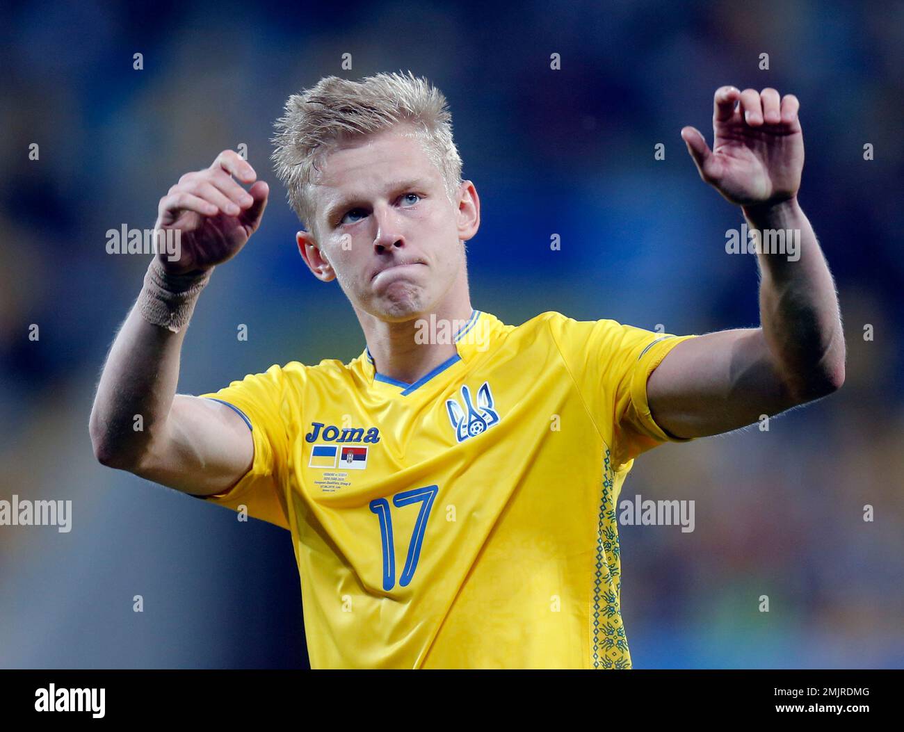 Ukraine's Oleksandr Zinchenko celebrates victory after the Euro 2020 group B qualifying soccer match between Ukraine and Serbia at the Arena Lviv stadium in Lviv, Ukraine, Friday, June. 7, 2019. (AP Photo/Efrem Lukatsky) Banque D'Images