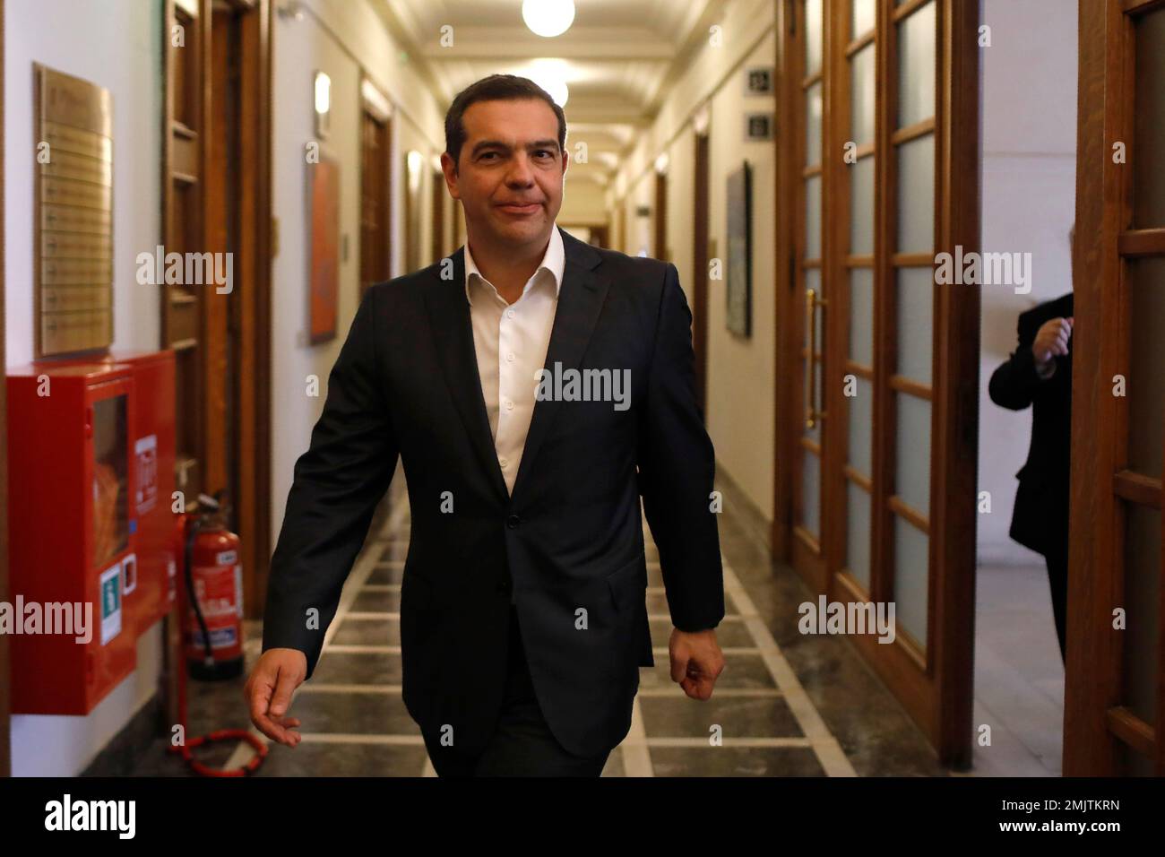 Greek Prime Minister Alexis Tsipras, arrives at parliament to take part in a cabinet meeting in Athens, Friday, May 31, 2019. Greece's left-wing government says it is planning to appoint new top judges before a July 7 general election, a decision that has drawn criticism from opposition conservatives who hold a big lead in opinion polls. (AP Photo/Petros Giannakouris) Banque D'Images