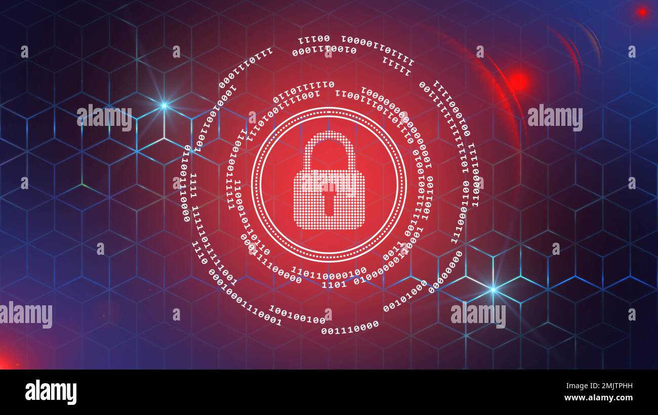 Concept de la technologie de cyber-sécurité de l'Internet numérique - le code binaire tourne autour du cadenas sur le fond du motif de cube graphique - 3D Illustration Banque D'Images