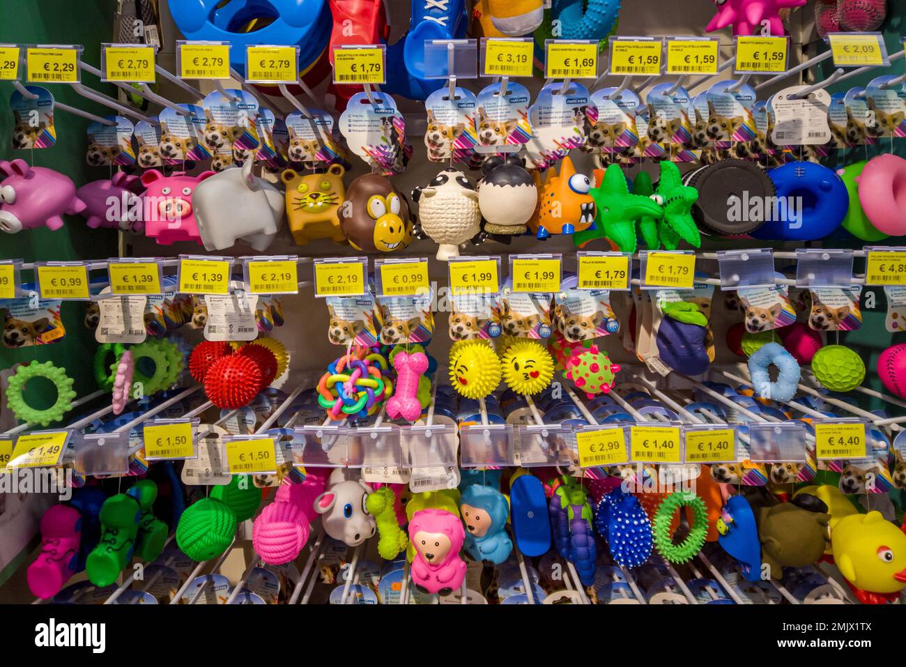 Italie - 28 janvier 2023: Jouets colorés en caoutchouc et en plastique pour chiens à vendre sur l'étagère du supermarché italien discount Banque D'Images