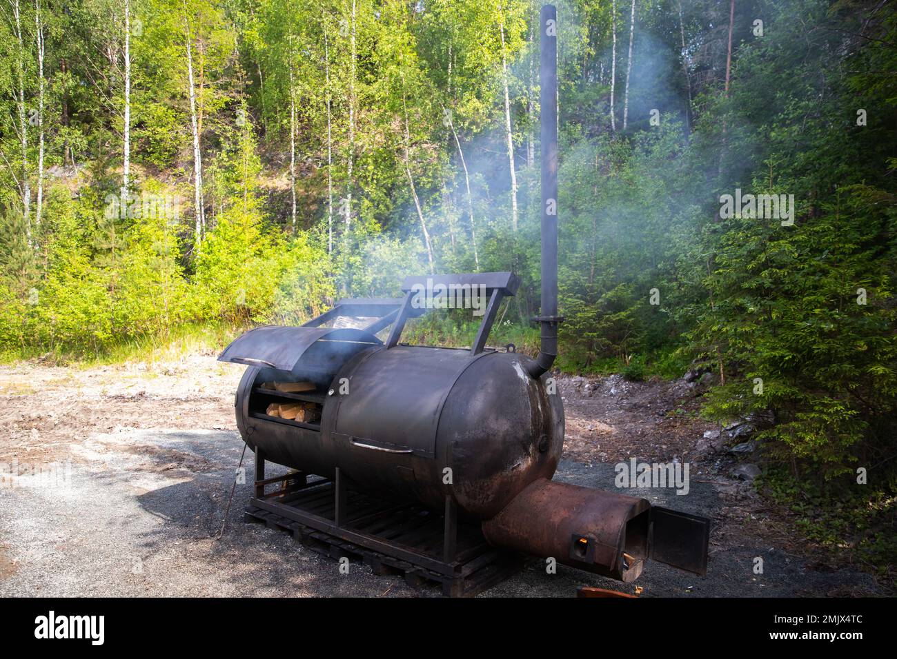 Un énorme fumeur de bois se trouve au bord de la forêt, un jour d'été ensoleillé Banque D'Images