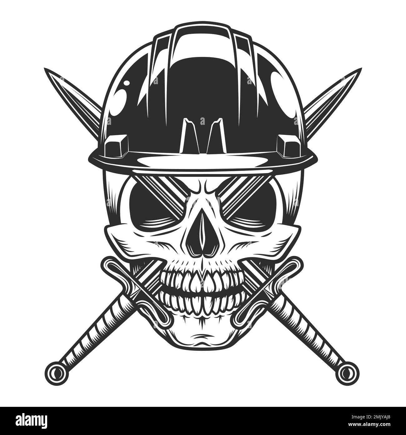 Crâne de constructeur de maison avec épée et casque de dur de la nouvelle construction et de remodelage des affaires vintage style illustration Illustration de Vecteur