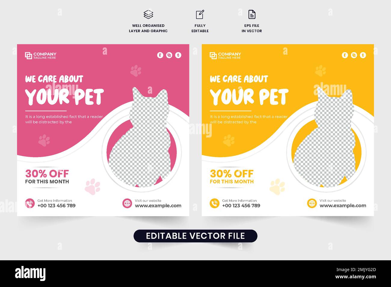 Vecteur de post-média social d'abri pour animaux de compagnie avec des couleurs jaune et rose. Adoption animale et centre de toilettage publicité bannière web vecteur. Promotion Petcare Illustration de Vecteur